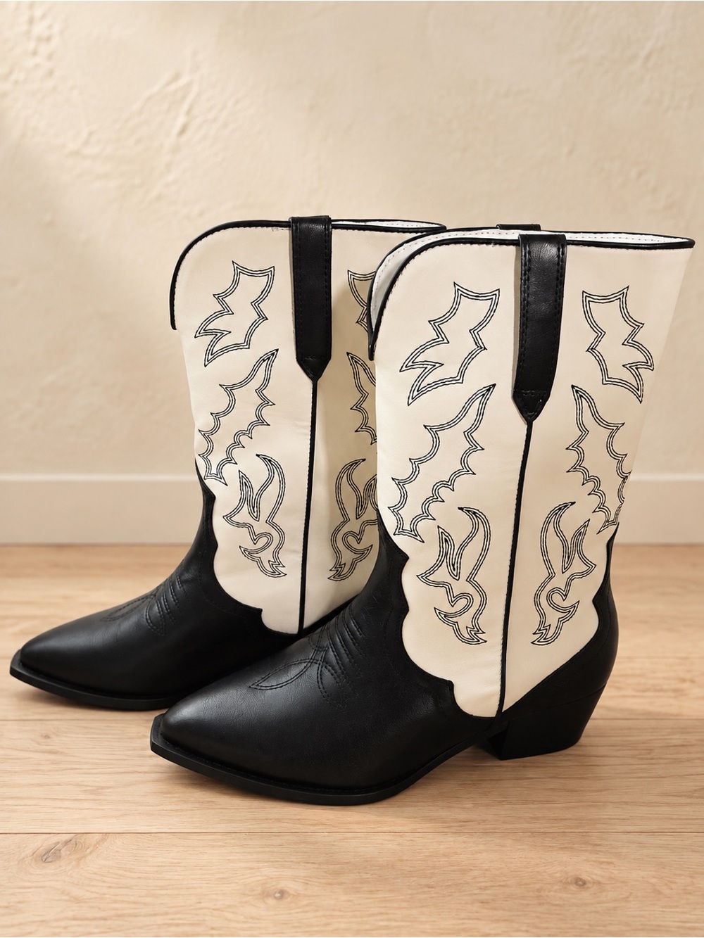 Fashion Nova Two-Tone Western Heeled Boots - Black and Cream